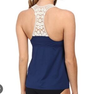 NWT Lucky Brand Swimsuit Tankini Top Women's Size Large Blue And Crochet